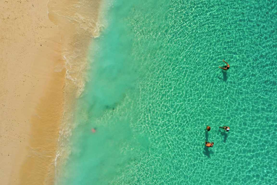 Flygfoto av personer som simmar i havet nära en sandstrand. (AI-genererad text)
