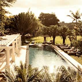 Pool med solstolar och gröna omgivningar. (AI-genererad text)