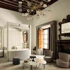 Rum med elegant möblemang och en högt taklampa. (AI-genererad text)