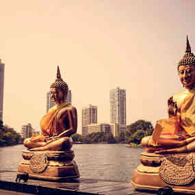 Tre gyllene buddhastatyer vid en vattendrag med moderna byggnader i bakgrunden. (AI-genererad text)