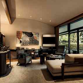 Ett elegant vardagsrum med modern inredning, stora fönster som vetter mot en trädgård och en bekväm sittgrupp med soffa och fåtöljer. (AI-genererad text)