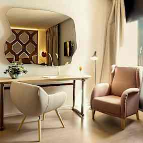 Ett hotellrum med skrivbord, stol, armstol och spegel. (AI-genererad text)