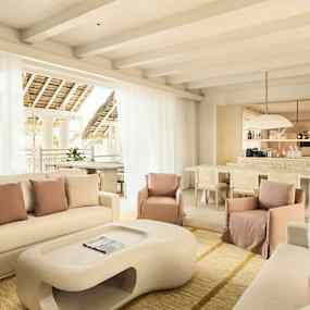 Ett ljust vardagsrum med soffor, fåtöljer och ett modernt bord, samt ett matbord och bardisk i bakgrunden. (AI-genererad text)