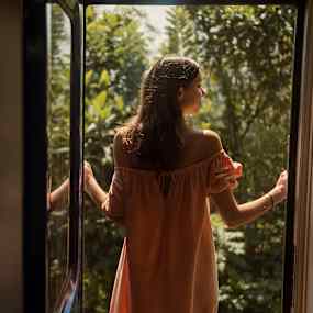 En person står vid en öppen dörr och ser mot en grön, lummig bakgrund. (AI-genererad text)