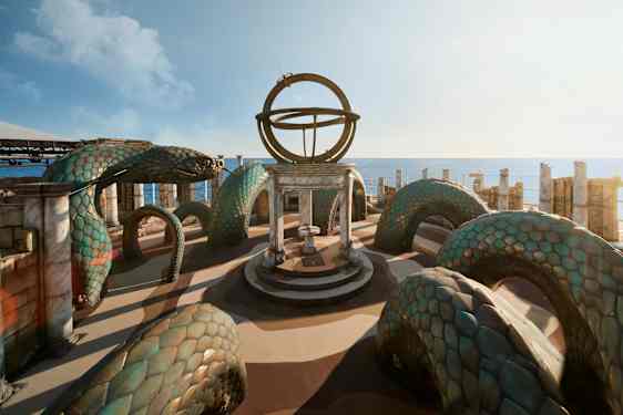 Skulptur av en orm med flera slingrande kroppar omgiven av en historisk pelargång vid havet. (AI-genererad text)