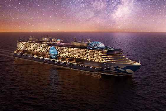 Ett stort kryssningsfartyg seglar på havet under en stjärnklar natthimmel. (AI-genererad text)