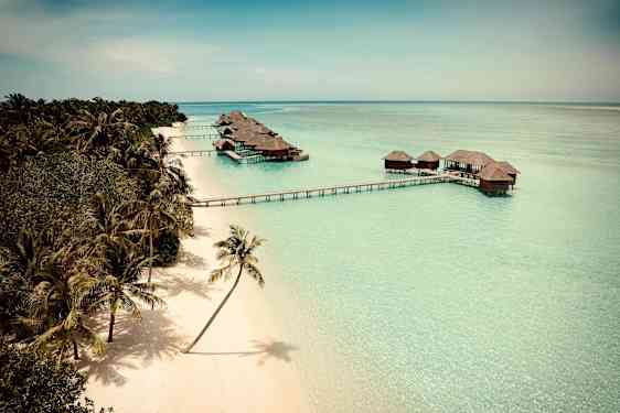 En vit sandstrand med palmer vid sidan av en turkos lagun där flera bungalows på pålar är placerade. (AI-genererad text)