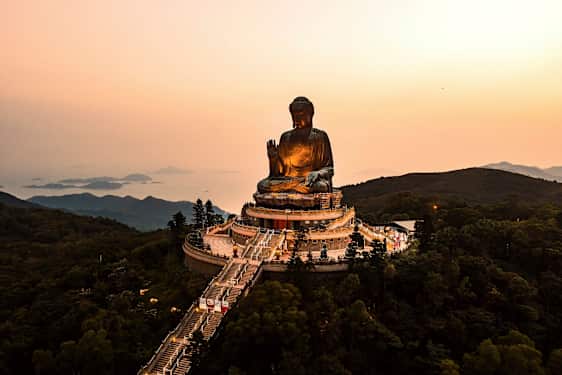 En stor buddhastaty på en höjd med trappa och grönska omkring. (AI-genererad text)