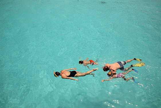 Familj som snorklar i turkost vatten
