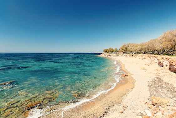 Klarblått vatten vid en strand