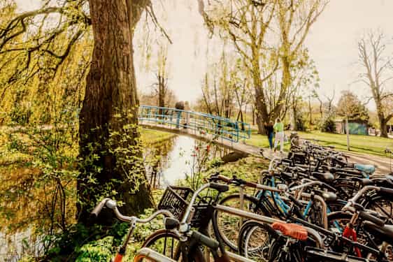 Cyklar parkerade intill kanal i Vondelpark
