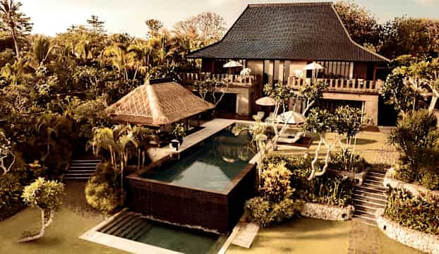 Lyxig villa med pool, trädgård och tropisk växtlighet. (AI-genererad text)