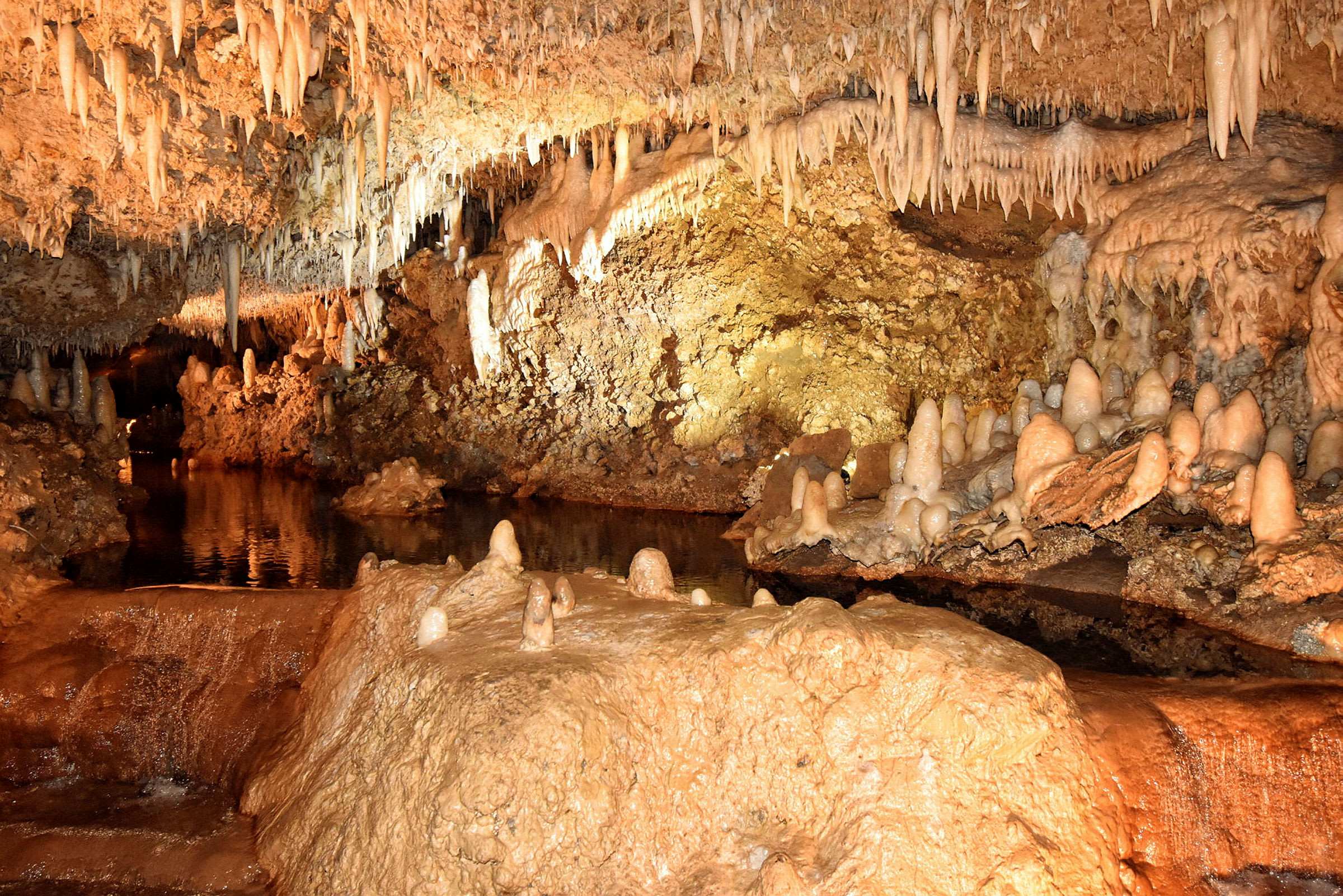 En grotta med stalaktiter och stalagmiter samt vatten. (AI-genererad text)