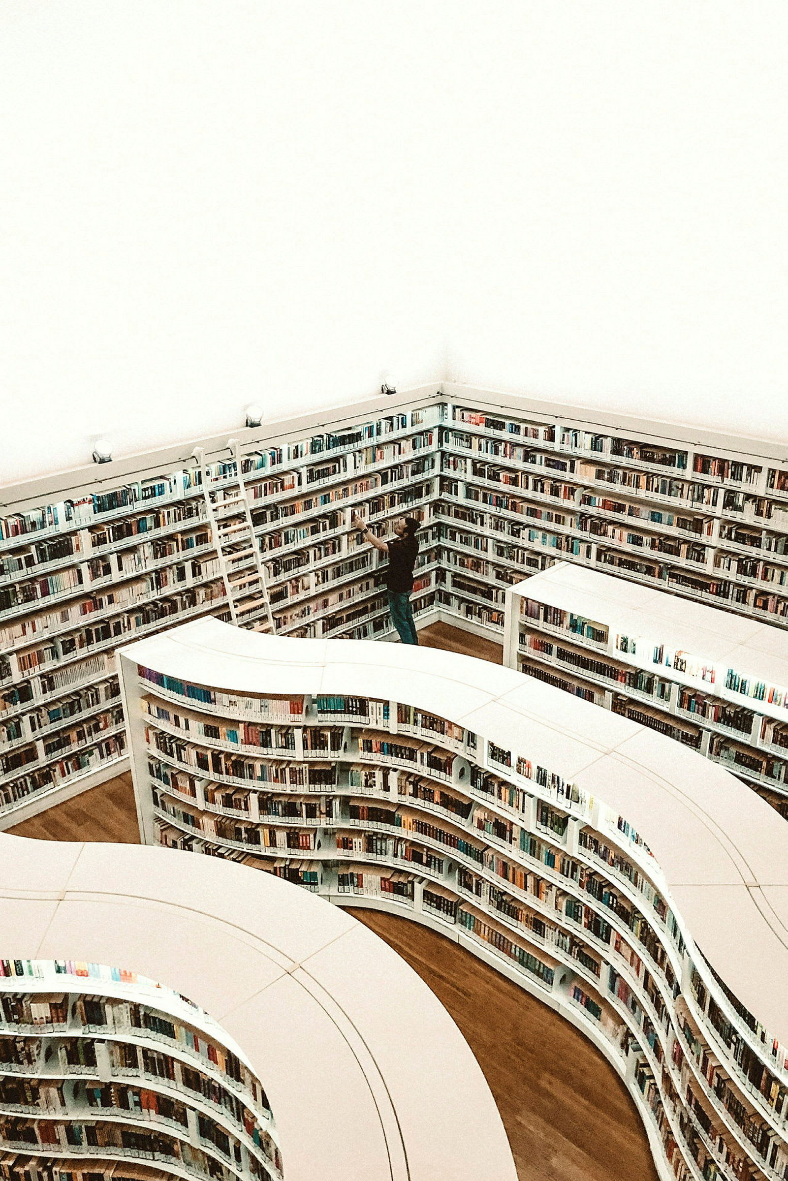 En person står vid en bokhylla i ett modernt bibliotek med böcker. (AI-genererad text)