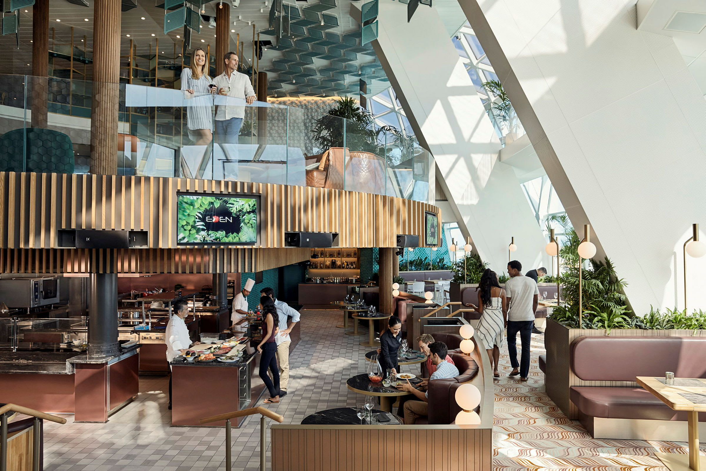 Modern restaurangmiljö med glasväggar och sittplatser. (AI-genererad text)