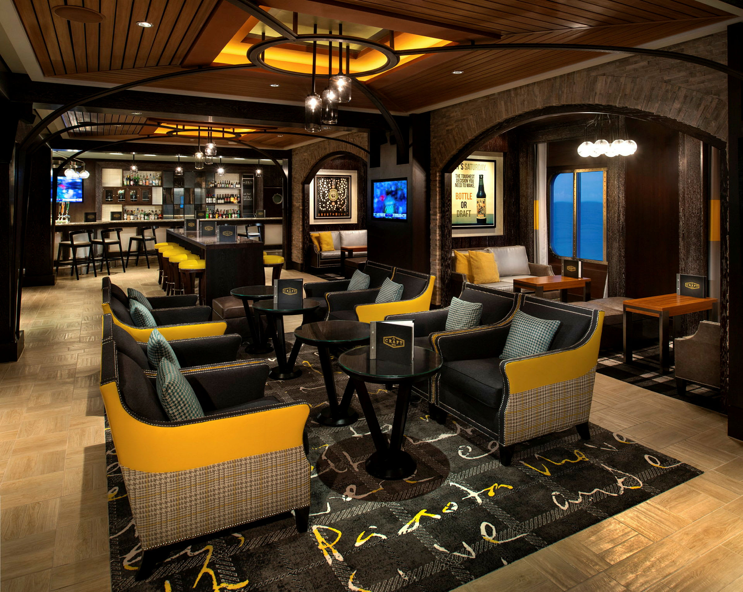 En modern bar och lounge med stolar, bord och en bardisk. (AI-genererad text)
