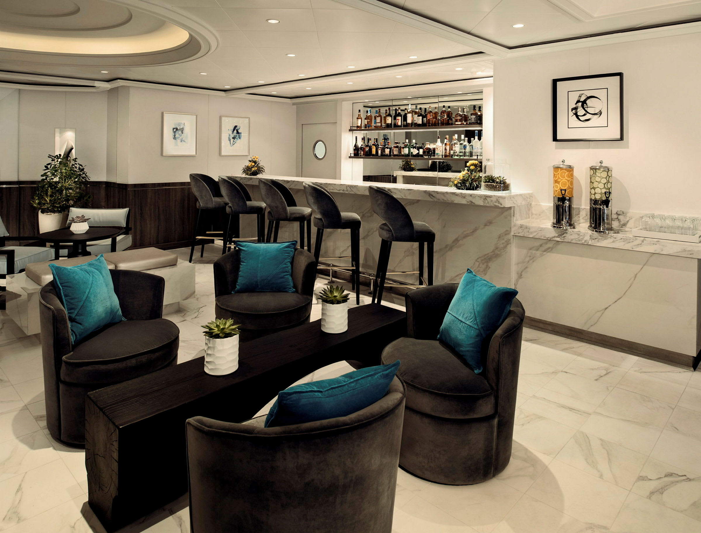 En modern lounge med sittmöbler och en bardisk i marmordesign. (AI-genererad text)