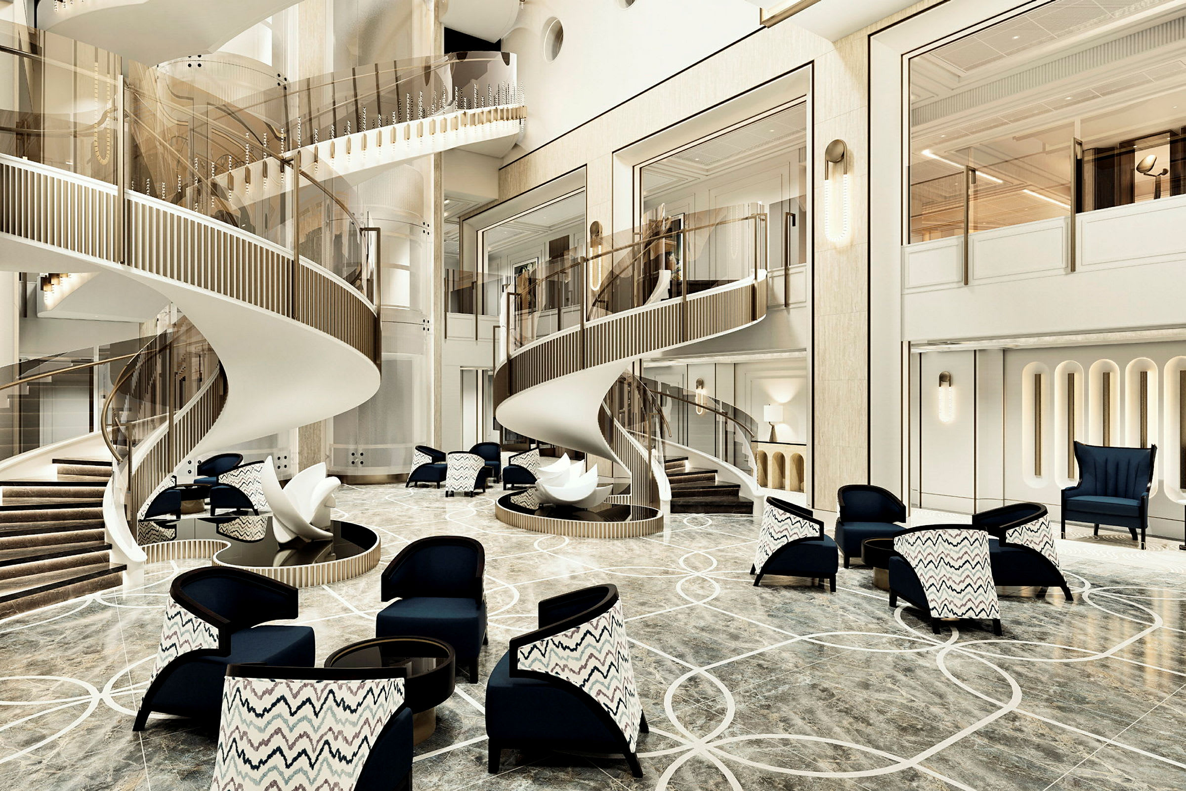 En elegant hotellobby med en stor, spiralformad trappa och moderna sittgrupper. (AI-genererad text)
