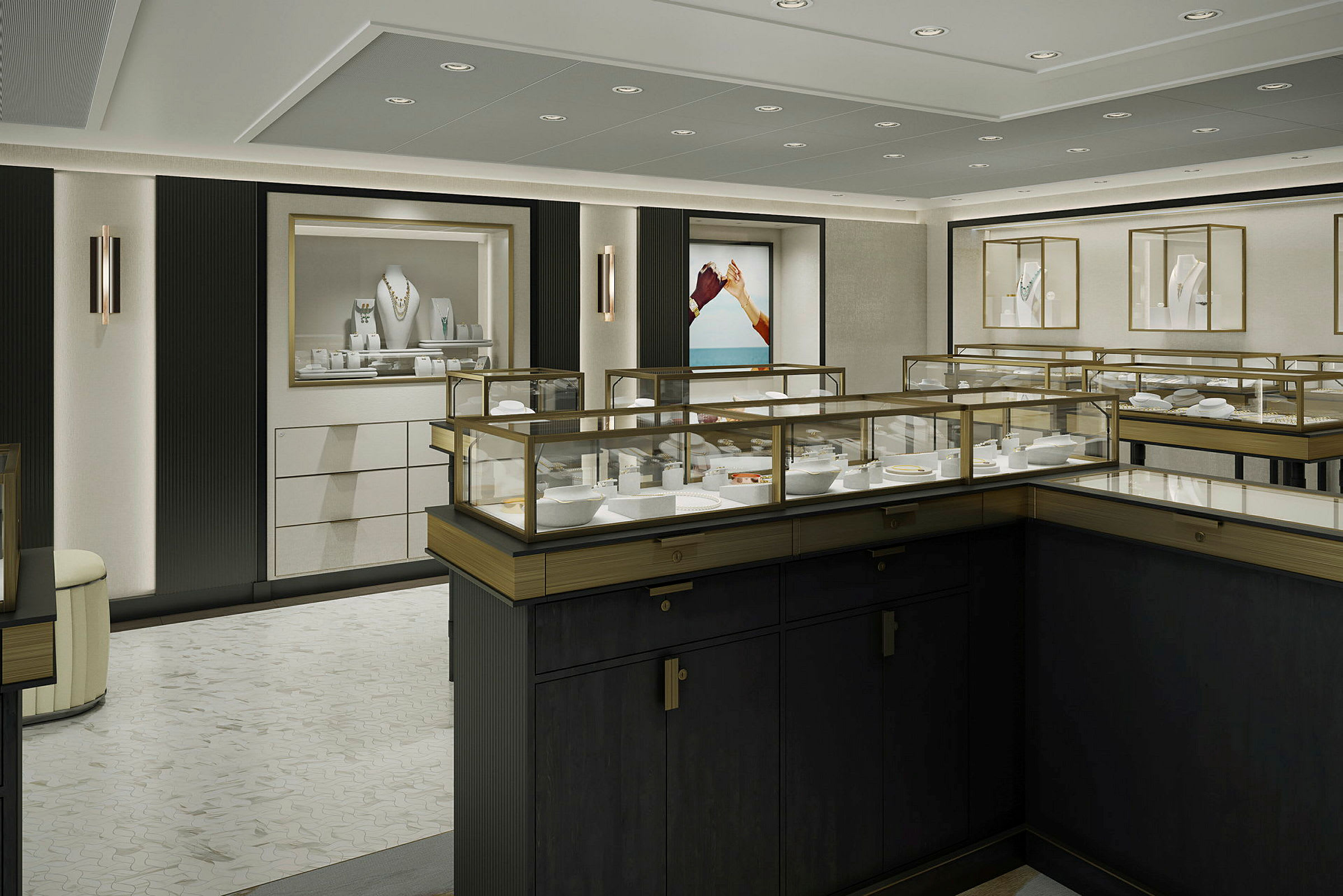 En inredning av en elegant butik med glasmontrar som visar smycken och prydnadsföremål. (AI-genererad text)