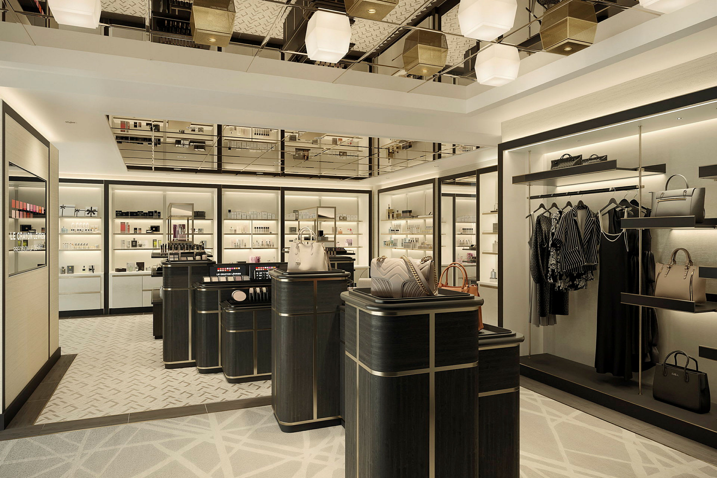 En butik med displaymontrar fyllda med väskor, kläder och skönhetsprodukter. (AI-genererad text)