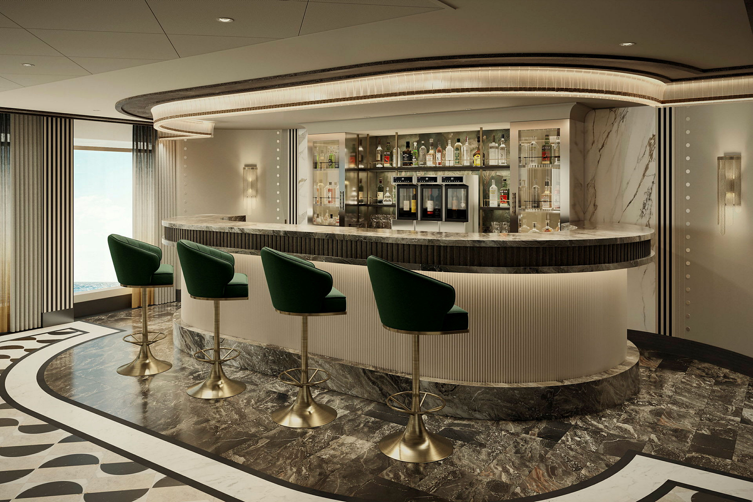 En elegant bar med grönklädda stolar och en välfylld hylla för drycker. (AI-genererad text)