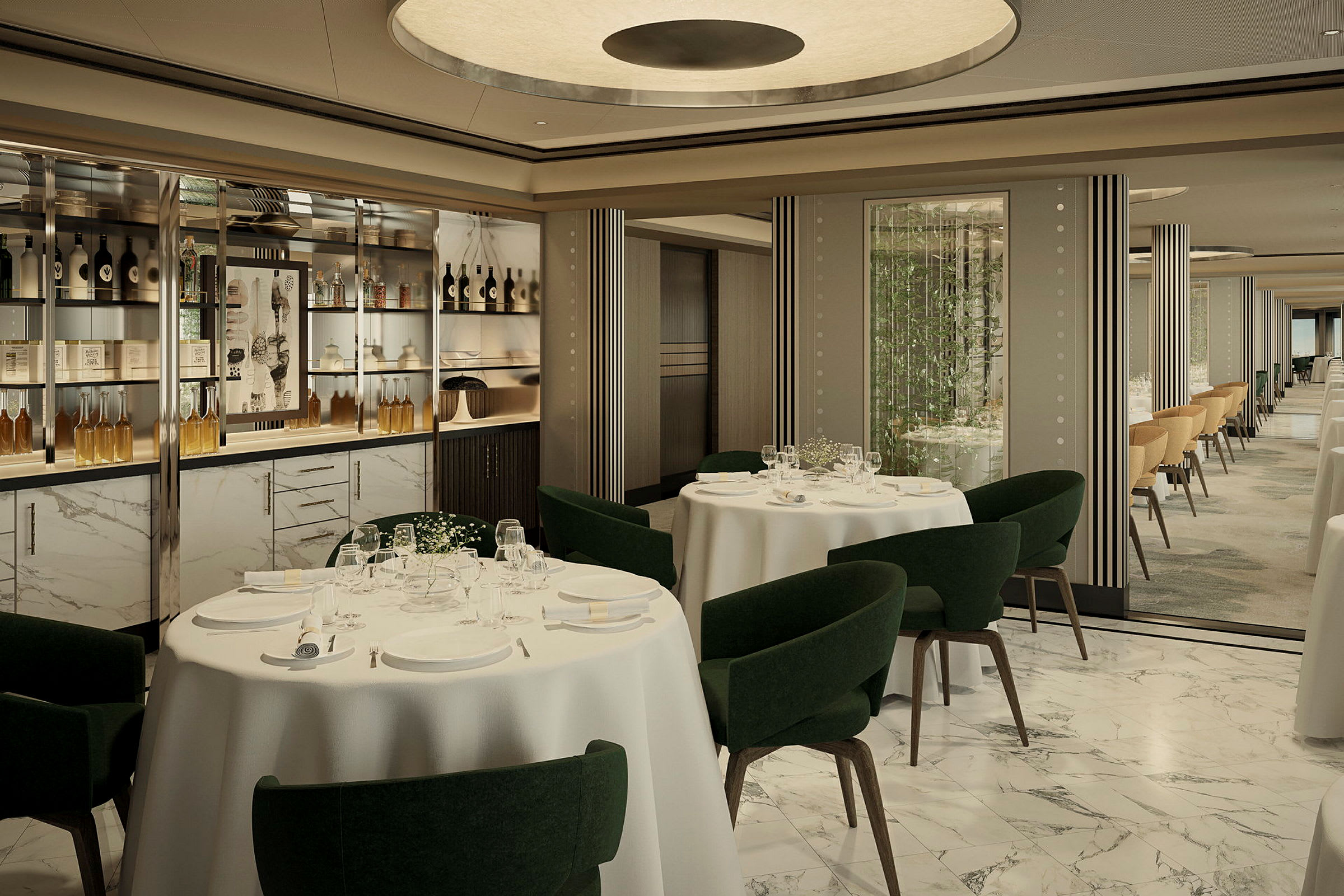 En elegant restaurang med dukade bord, gröna stolar och marmorgolv. (AI-genererad text)