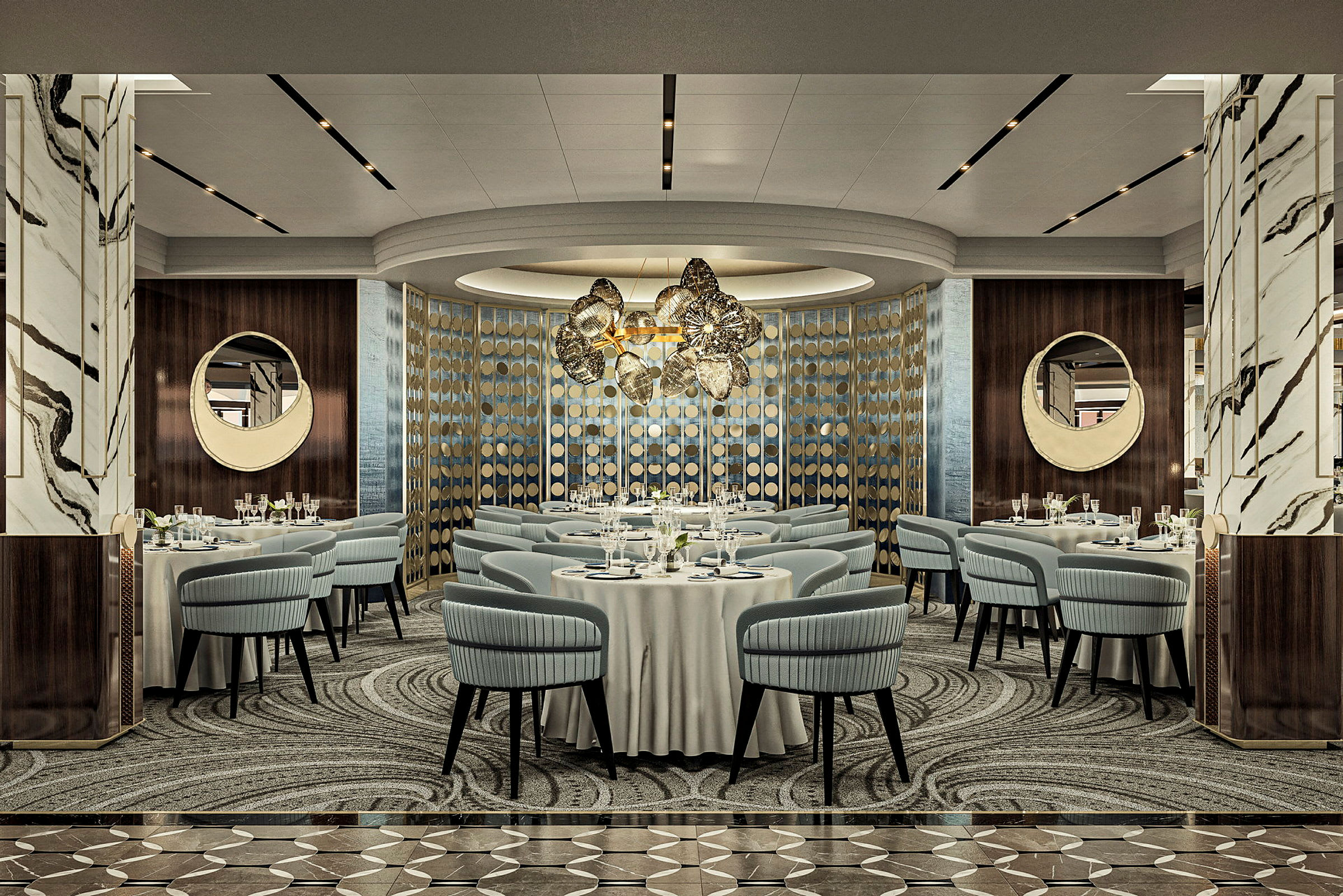 En elegant restaurang med runda bord, blå stolar, och spotlightbelysning. (AI-genererad text)