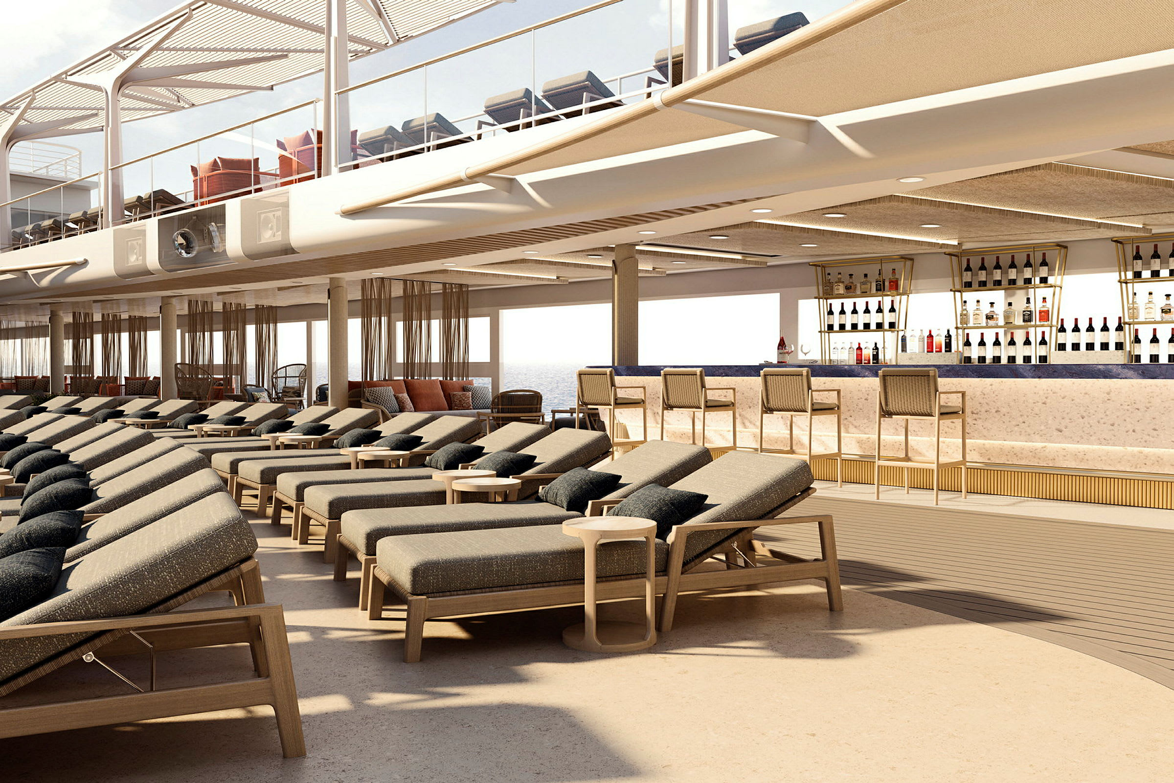 Takterrass med solstolar, sittplatser och en bar. (AI-genererad text)