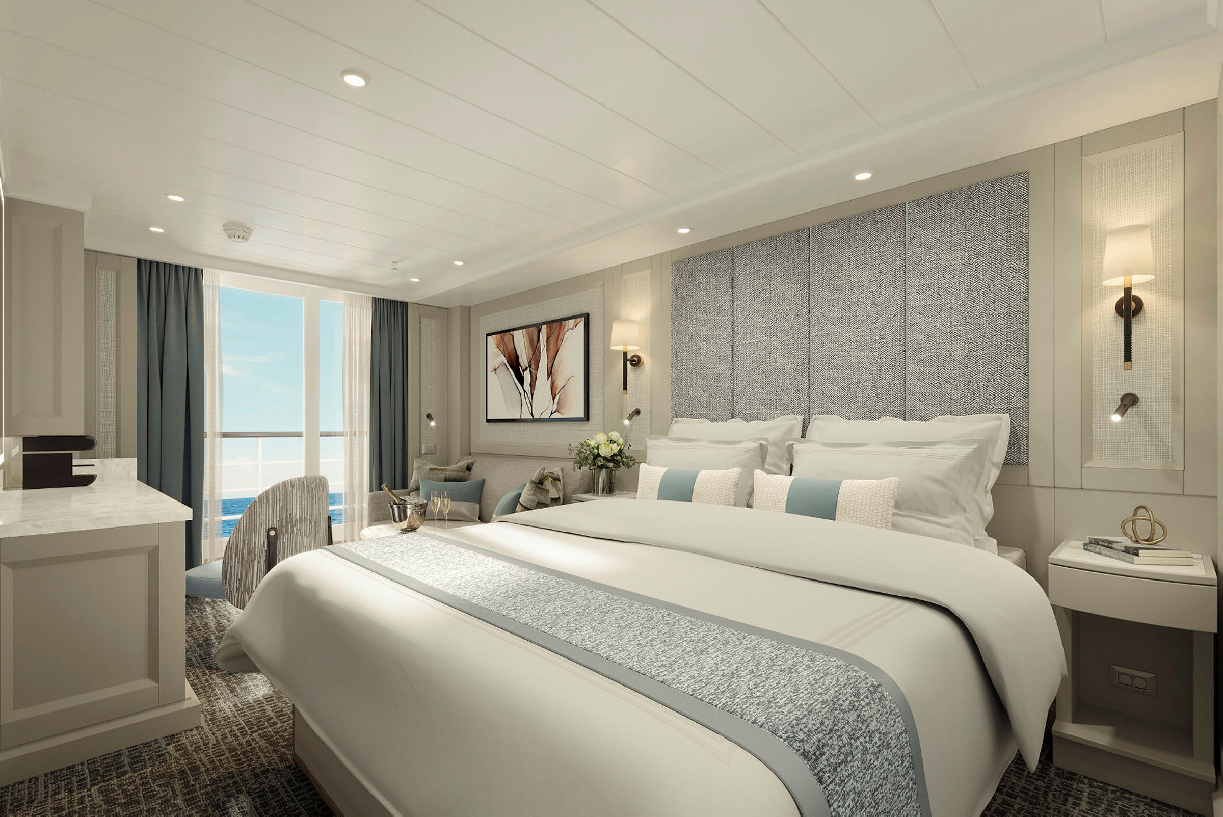 Modern och elegant hotellsvit med stor säng och sittgrupp, samt en balkong med havsutsikt. (AI-genererad text)