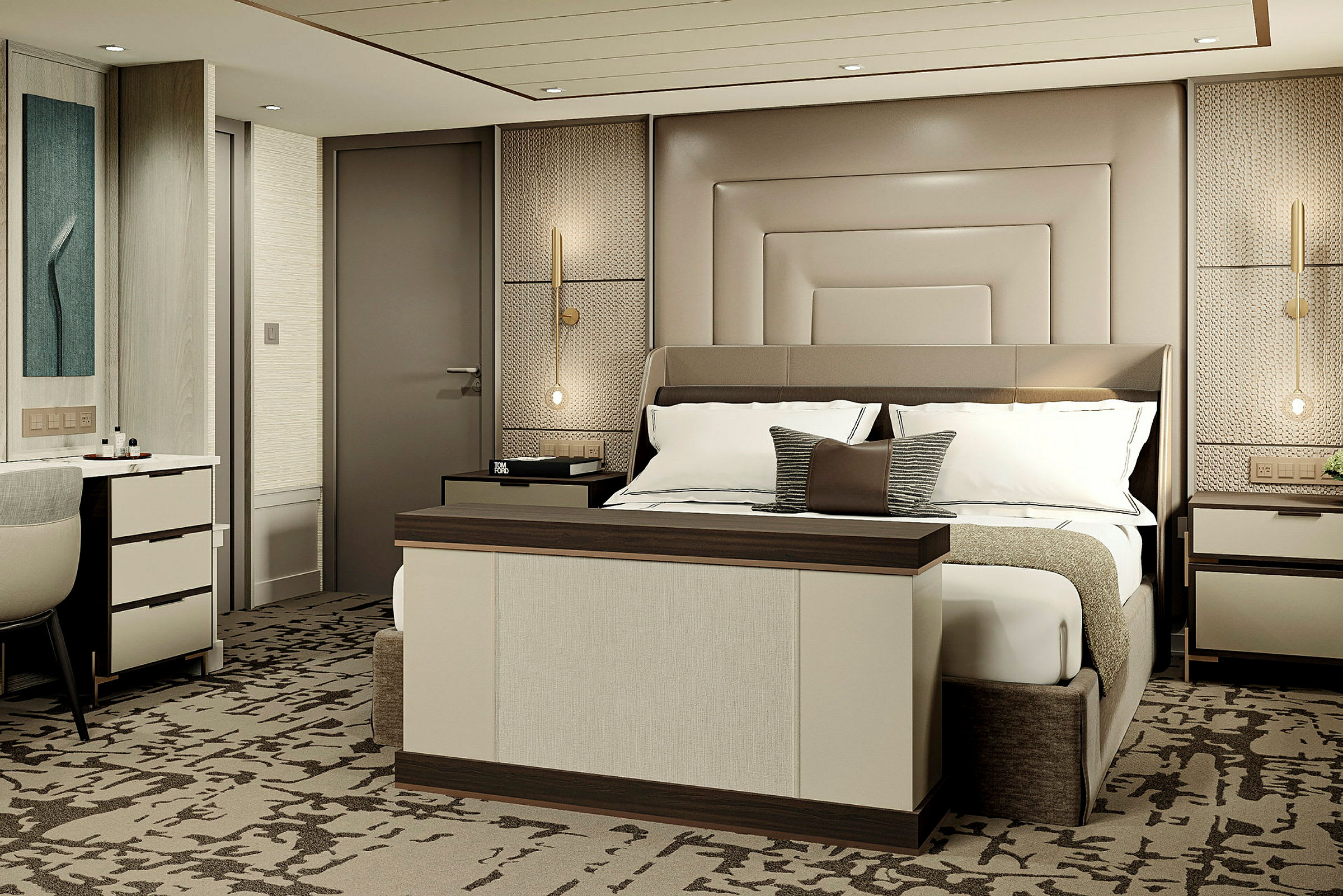 Inredning av ett elegant och modernt hotellrum med en stor säng och skrivbord. (AI-genererad text)