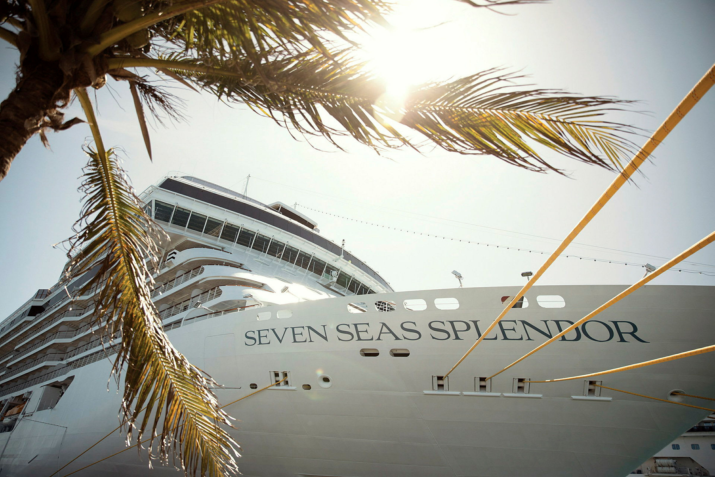 Ett kryssningsfartyg vid namn Seven Seas Splendor fotograferat underifrån med sol och palmblad i förgrunden. (AI-genererad text)