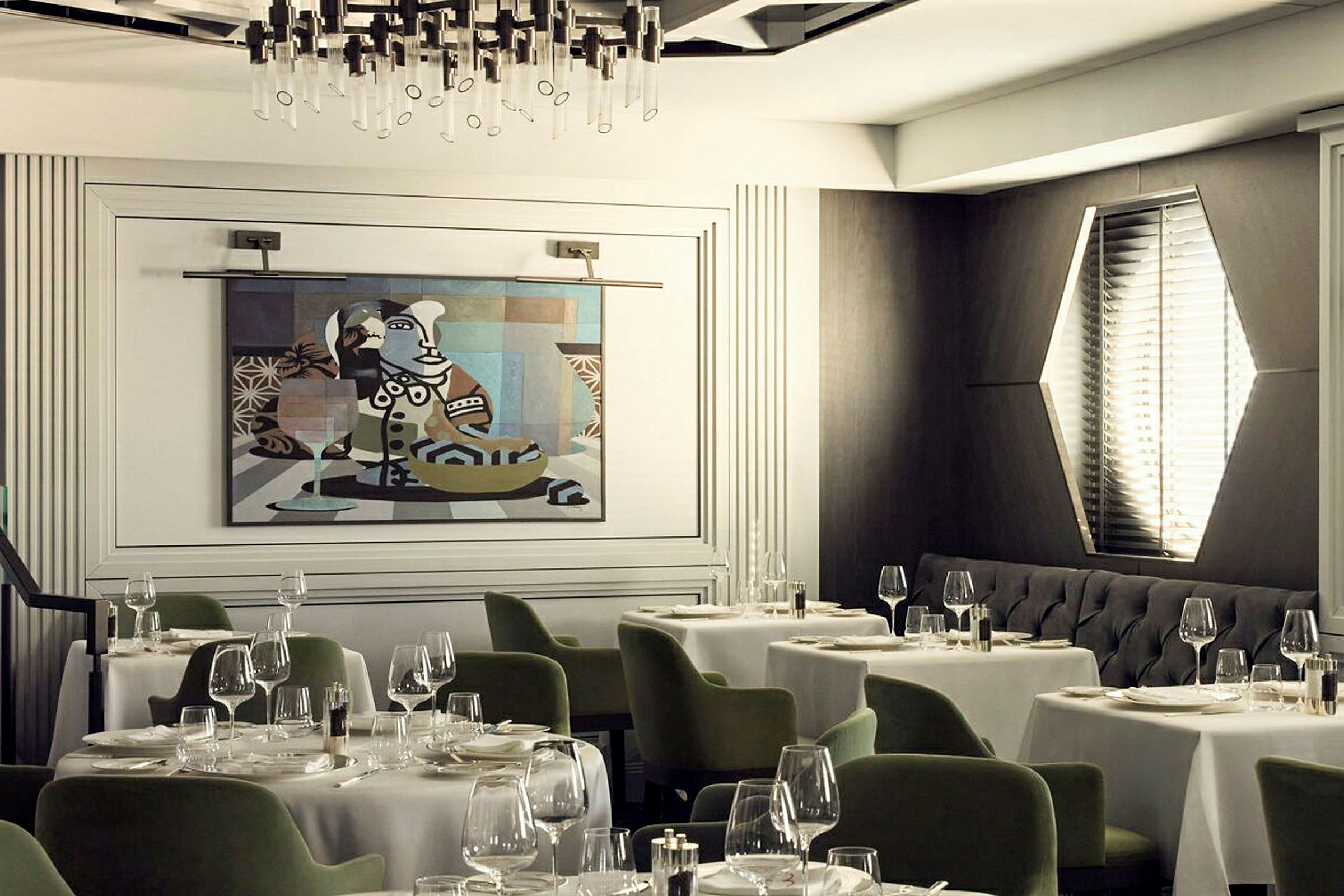 Restaurang med elegant inredning, dukade bord och konstverk på väggen. (AI-genererad text)