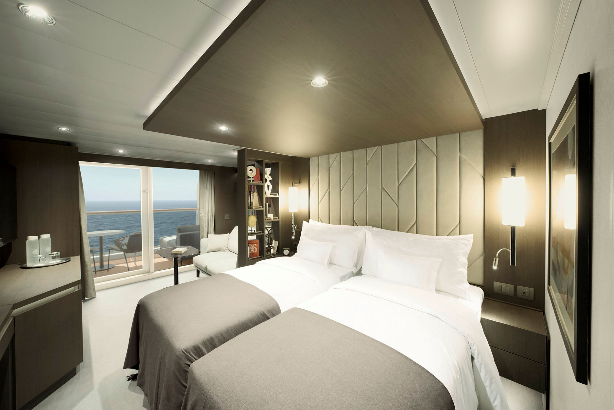 Bild av ett modernt hotellrum med två enkelsängar, utsikt mot havet. (AI-genererad text)