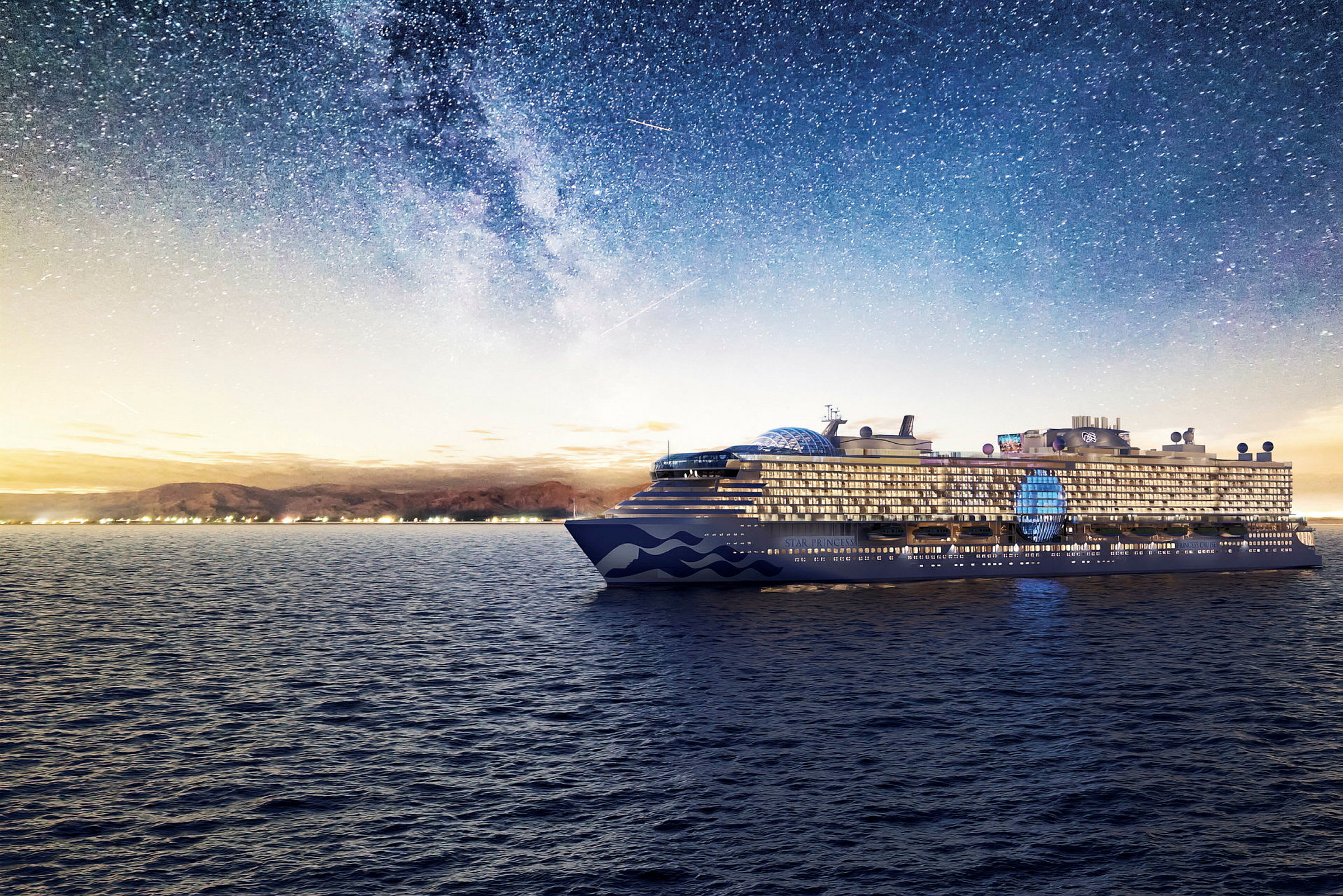 Ett stort kryssningsfartyg befinner sig i ett öppet hav under en stjärnklar natt. I bakgrunden syns en upplyst kustlinje och en bergig horisont. (AI-genererad text)