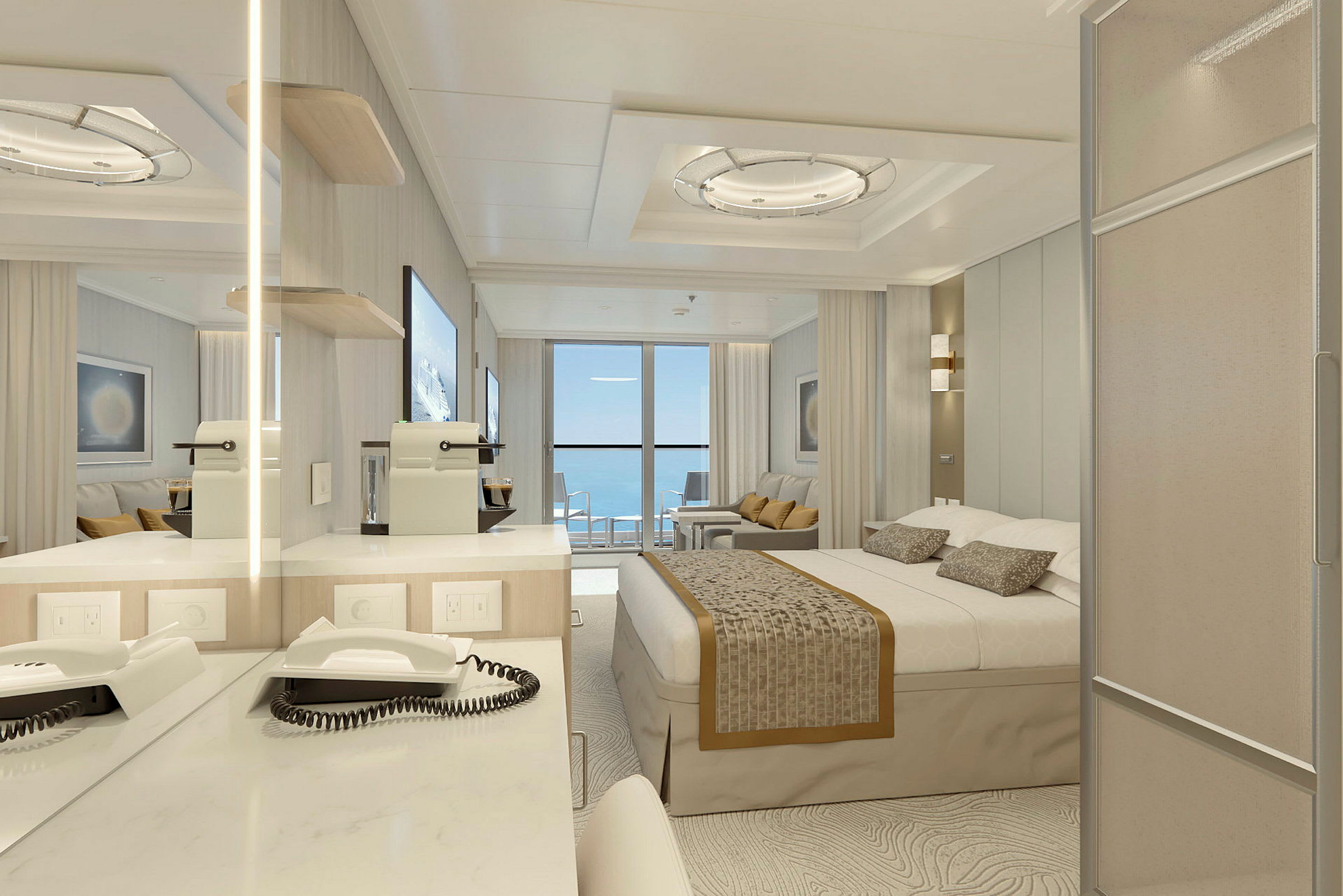 Ett elegant hotellrum med en dubbelsäng, en sittgrupp och en balkong med havsutsikt. (AI-genererad text)