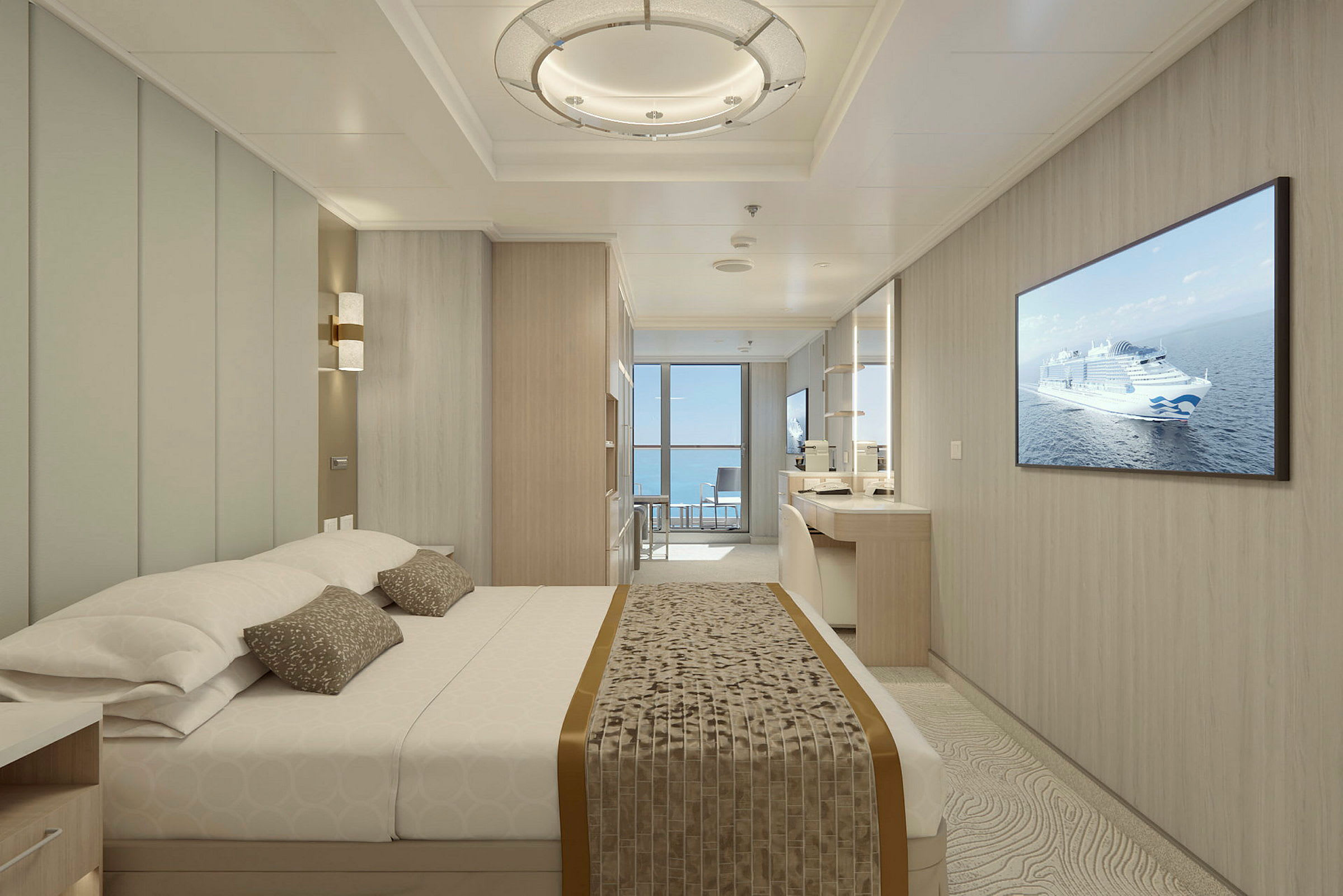 Luxuöst inrett hotellrum med en stor säng, skrivbord och en soffgrupp. Fönstret visar utsikt över havet. (AI-genererad text)