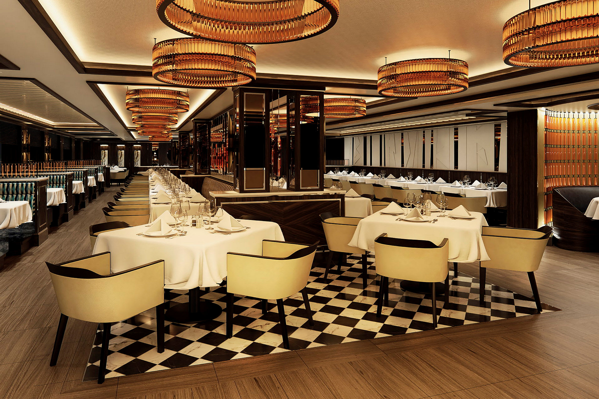 En elegant restaurang med vita dukar och moderna ljuskronor i taket. (AI-genererad text)