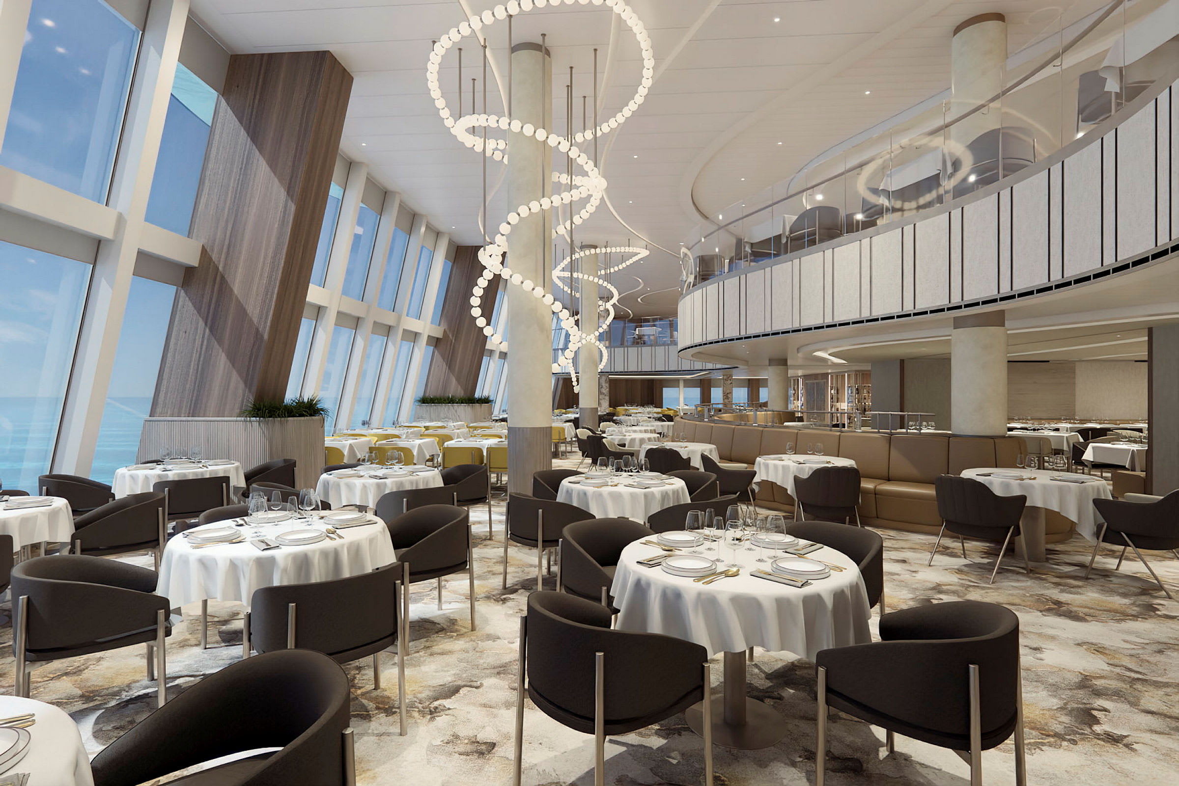 En modern restauranginteriör med runda bord, eleganta stolar och stora fönster med utsikt. (AI-genererad text)