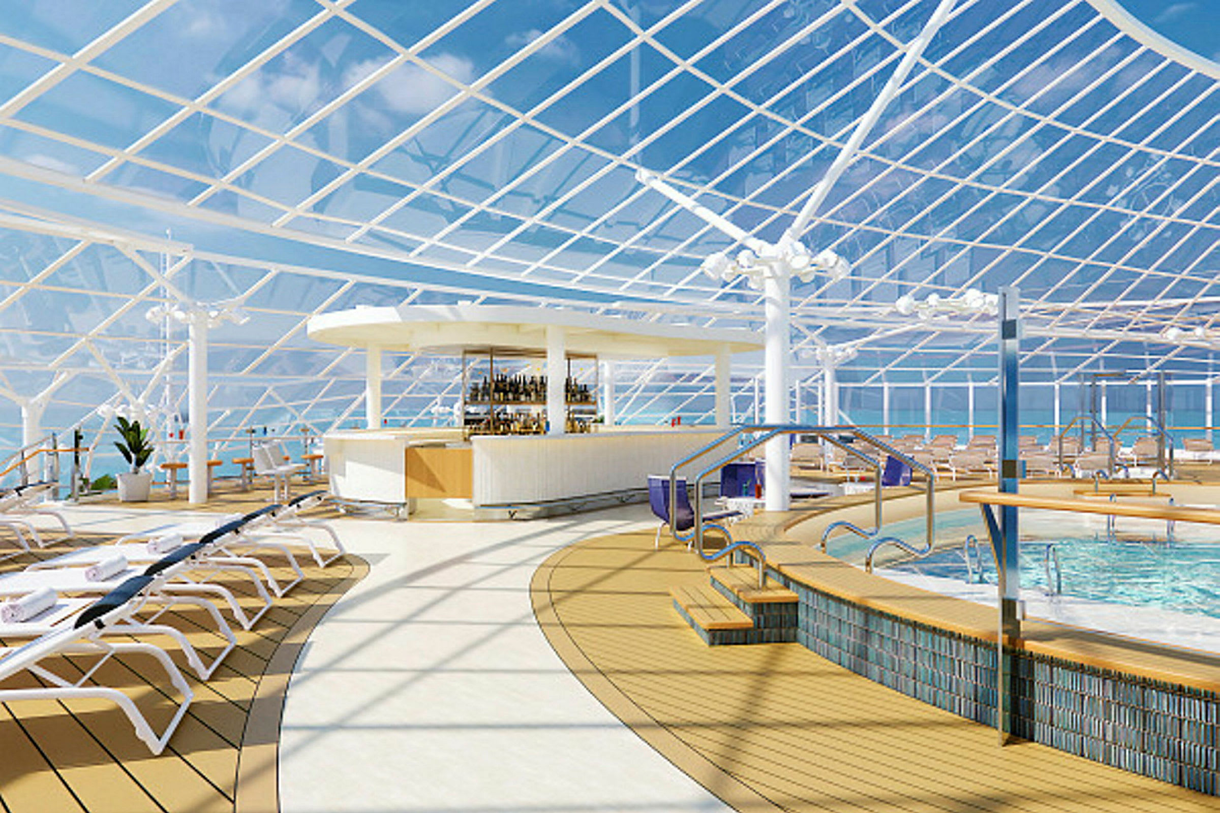 Ett ljust inomhusområde med pool, solstolar och en bar under en glastak. (AI-genererad text)