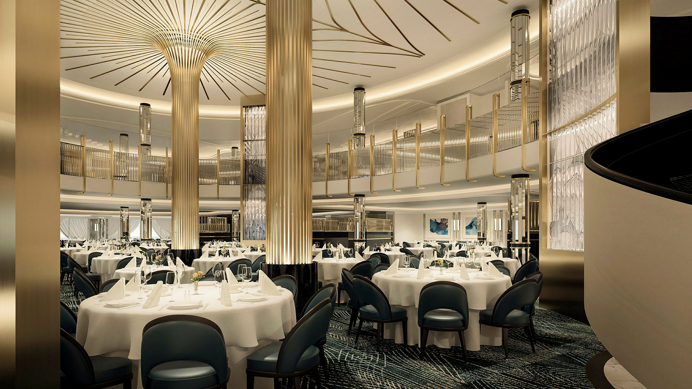 Interiör av en elegant restaurang med dukade bord och gyllene dekorationer. (AI-genererad text)