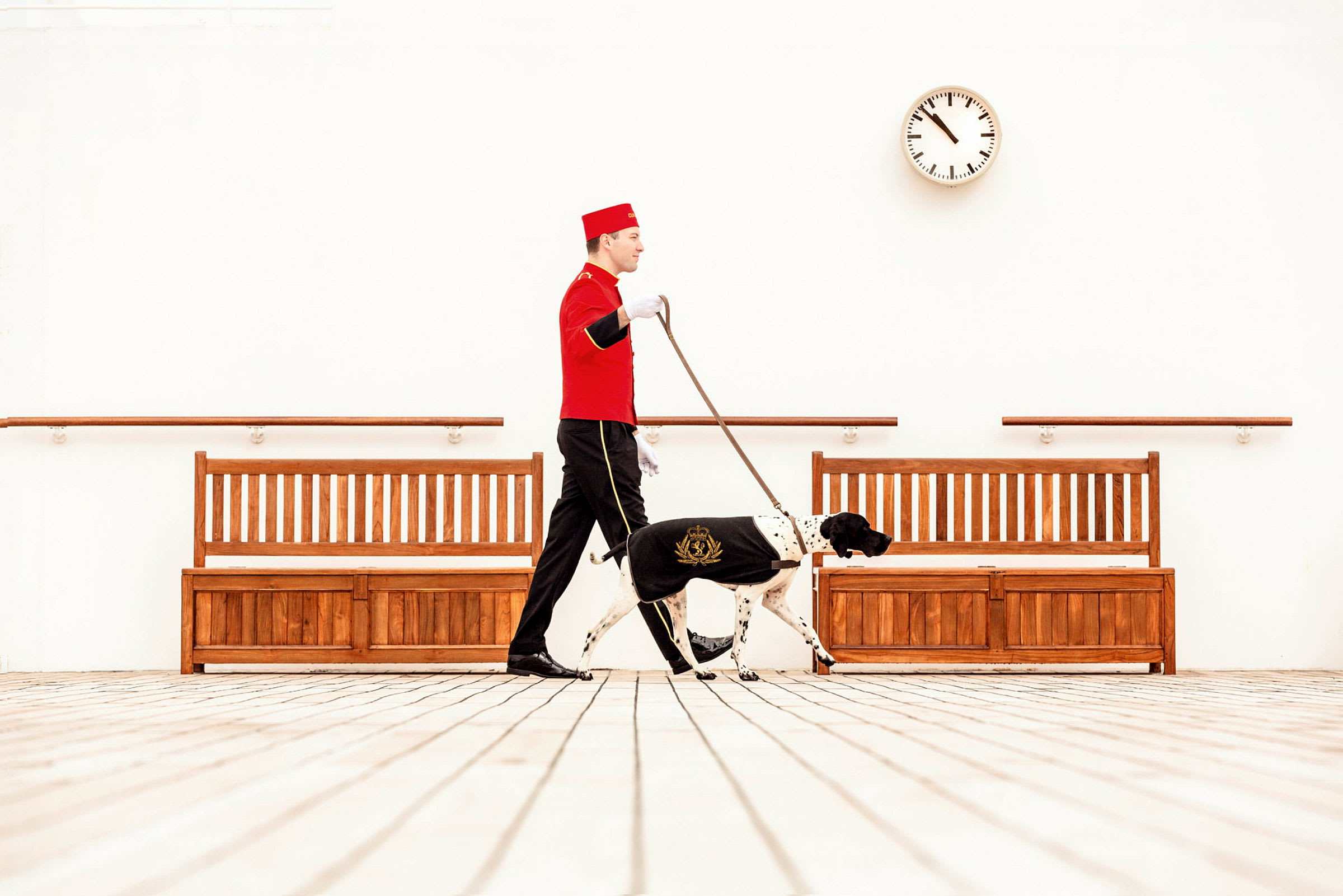 Person i röd uniform leder en hund med svart täcke bredvid träbänkar på en ljus plats. (AI-genererad text)