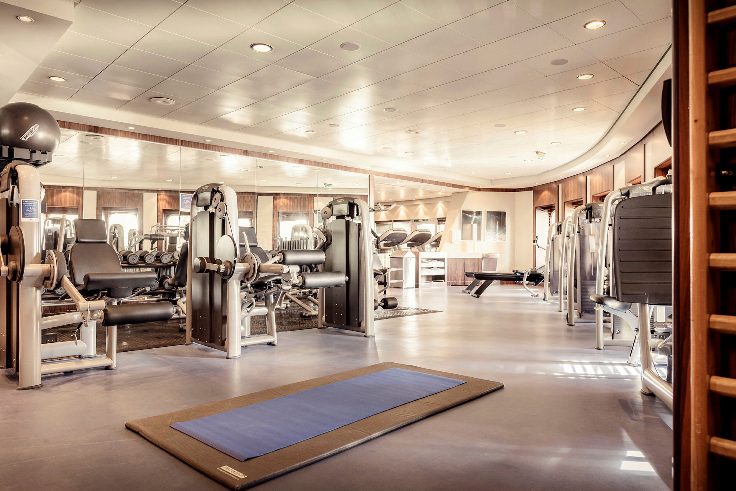 Ett gym med träningsmaskiner, matta och spegelvägg. (AI-genererad text)