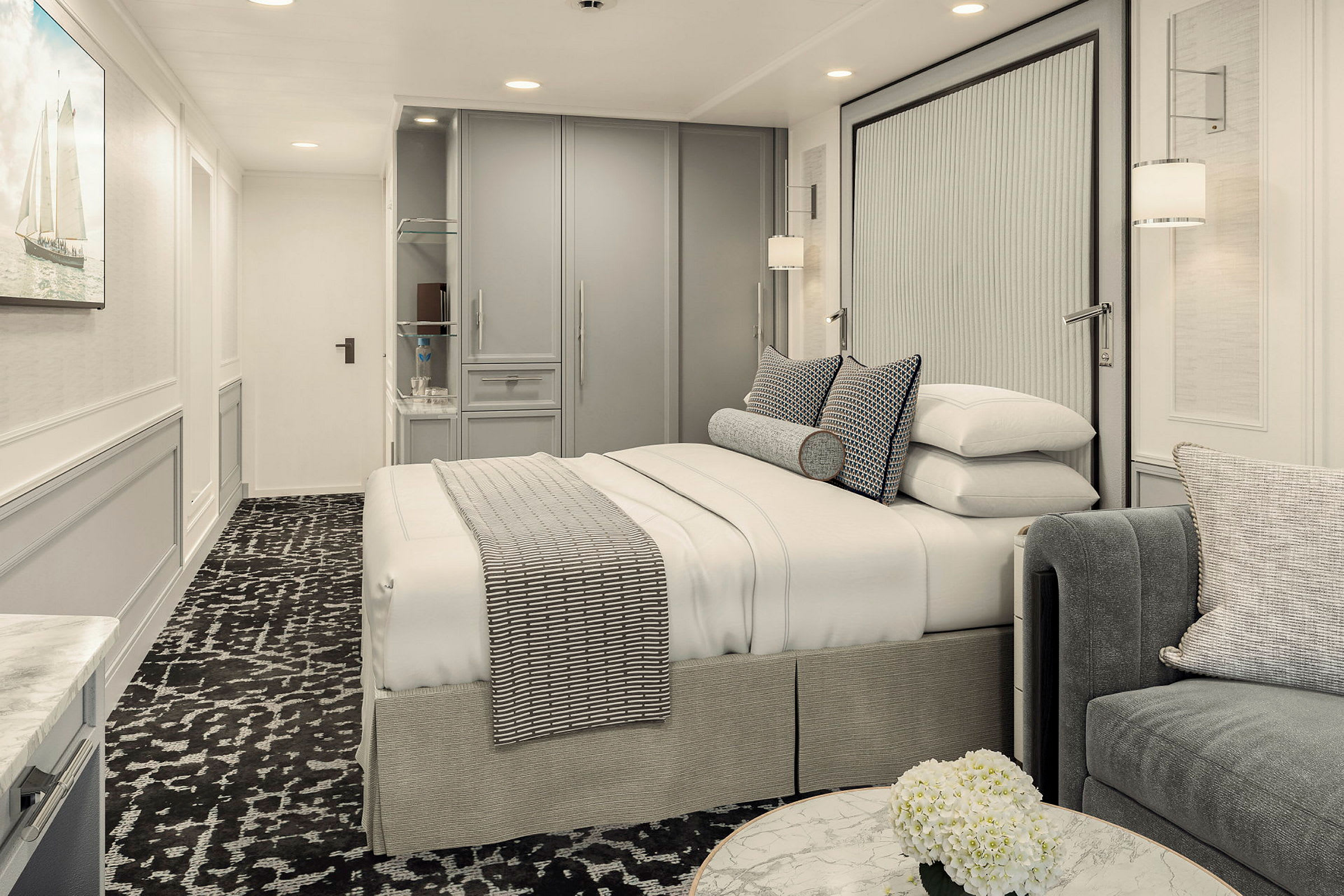 Ett elegant hotellrum med stor säng, modern inredning och grått tema. (AI-genererad text)
