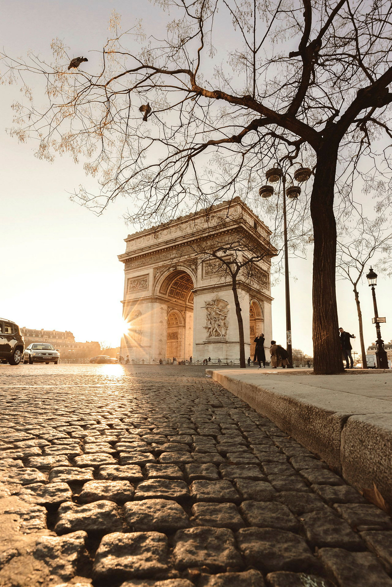 Triumfbågen i Paris sedd från gatunivå med solnedgång i bakgrunden och ett träd intill. (AI-genererad text)