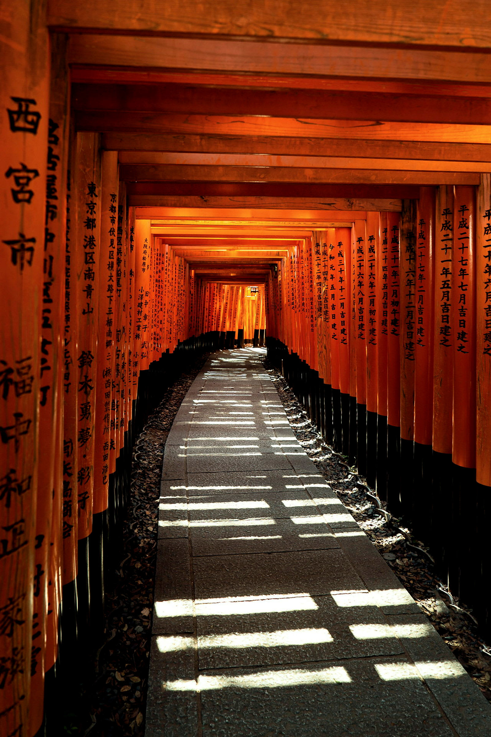 En gång som går genom en rad av röda japanska torii-portar med solstrålar som skapar skuggmönster. (AI-genererad text)