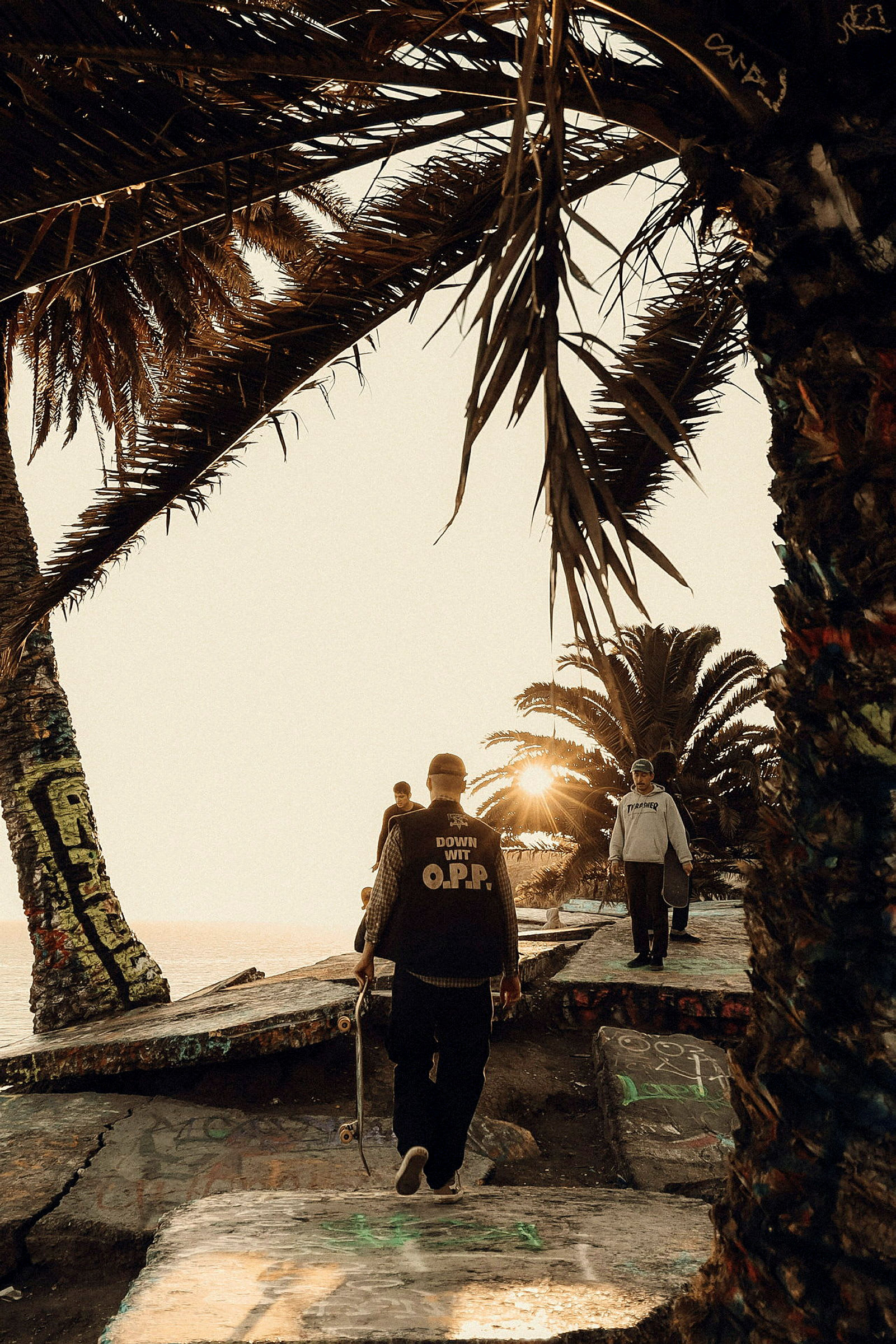 Personer promenerar vid stranden med graffiti på stenblock och palmer runt omkring. (AI-genererad text)
