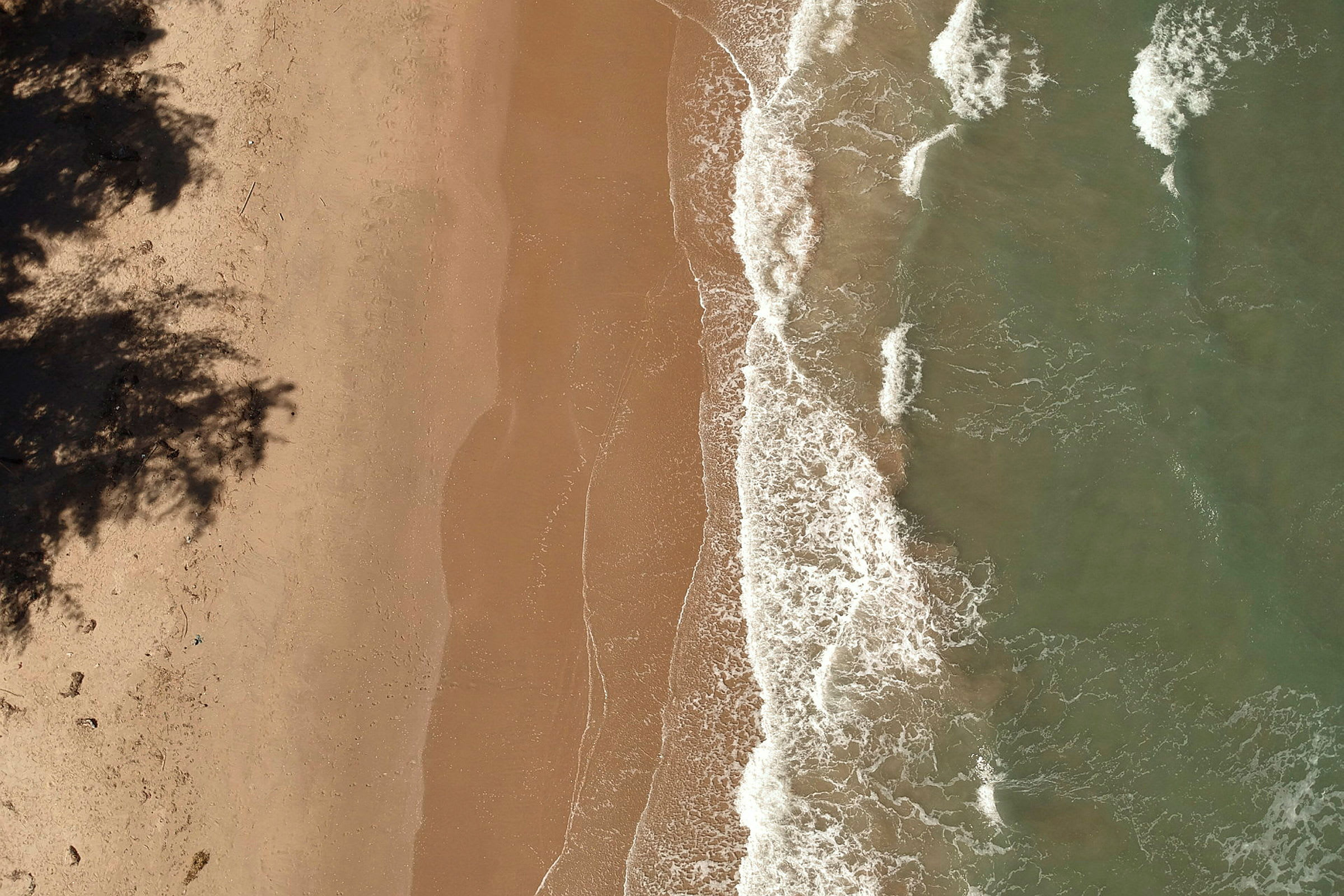 Flygfoto av en sandstrand med vågor som möter land och skuggning från träd. (AI-genererad text)