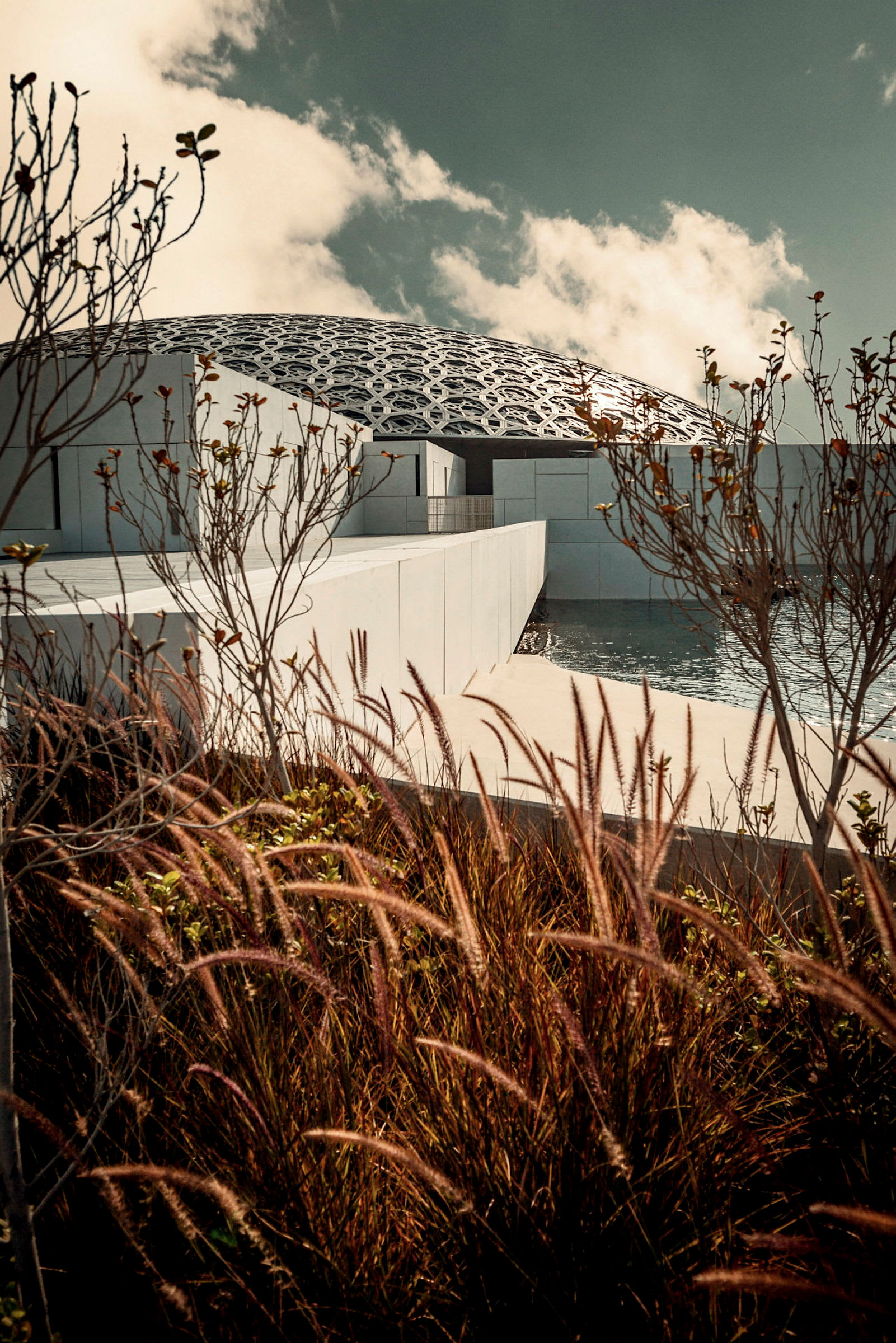 Moderna arkitektoniska byggnader med geometriskt mönstrat tak och torr vegetation i förgrunden. (AI-genererad text)